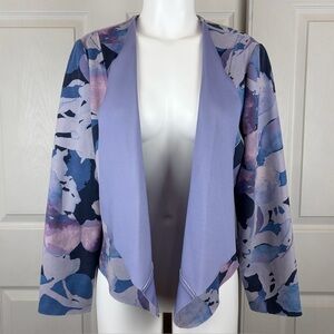 Chico’s Abstract Watercolor Floral Faux-Suede Draped Jacket